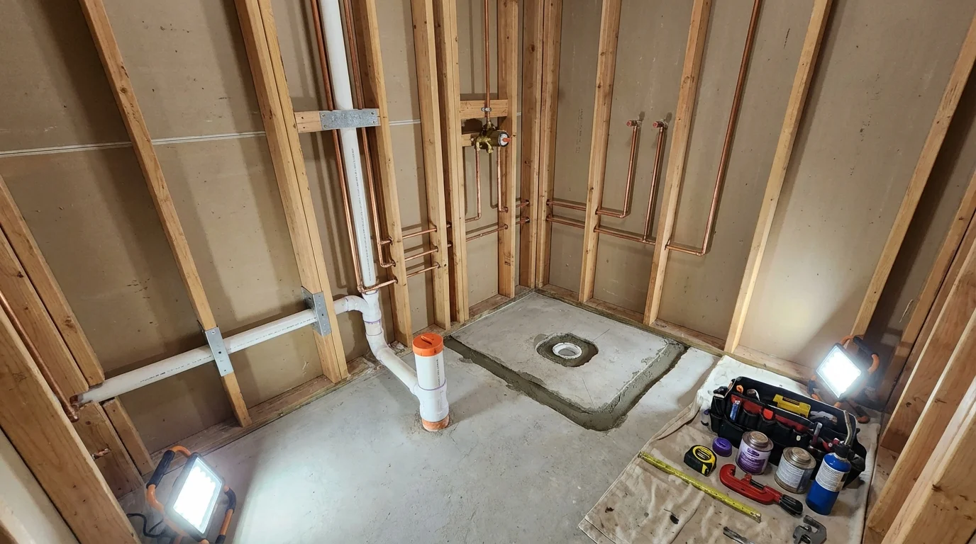 Bathroom rough-in plumbing during remodel by Johns Plumbing LLC in Bradner