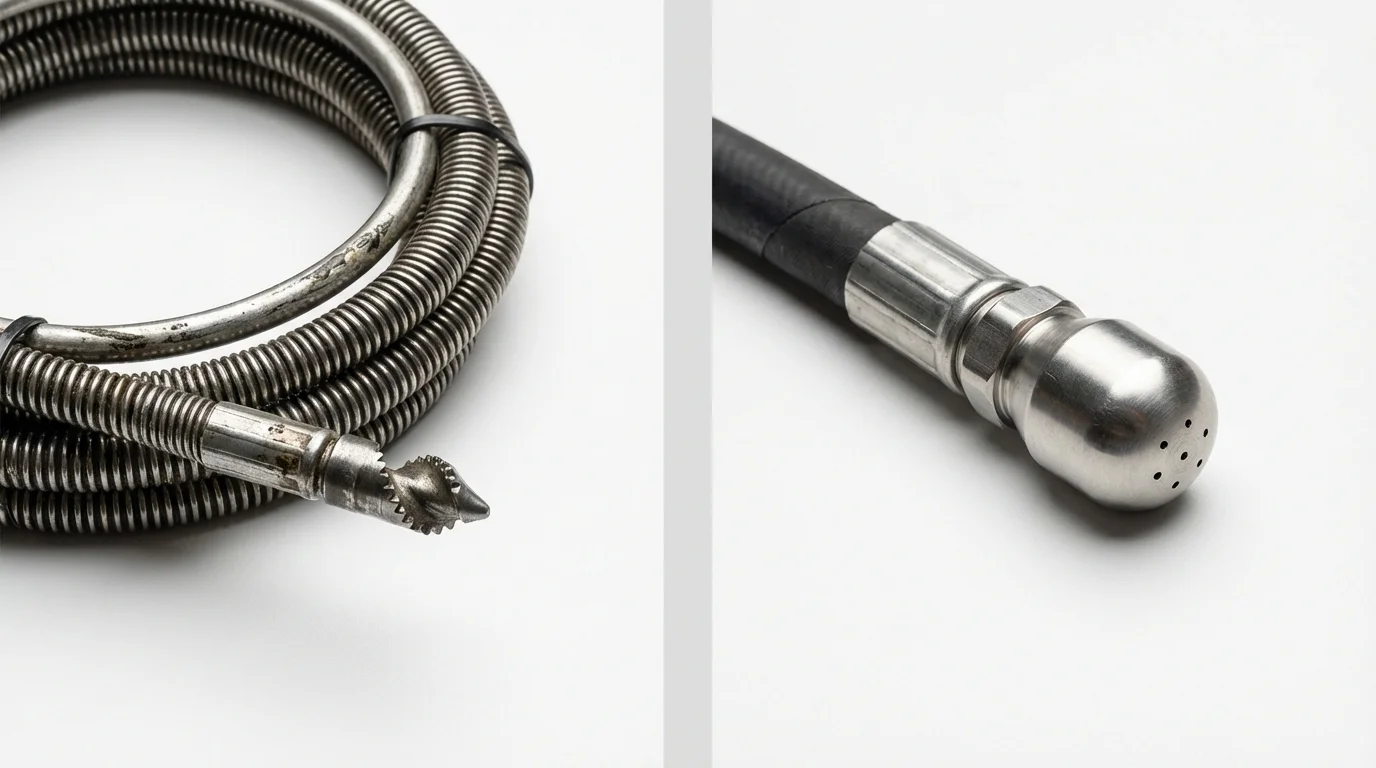 Drain snake cable and hydro jetting nozzle used for drain cleaning in Bradner, OH
