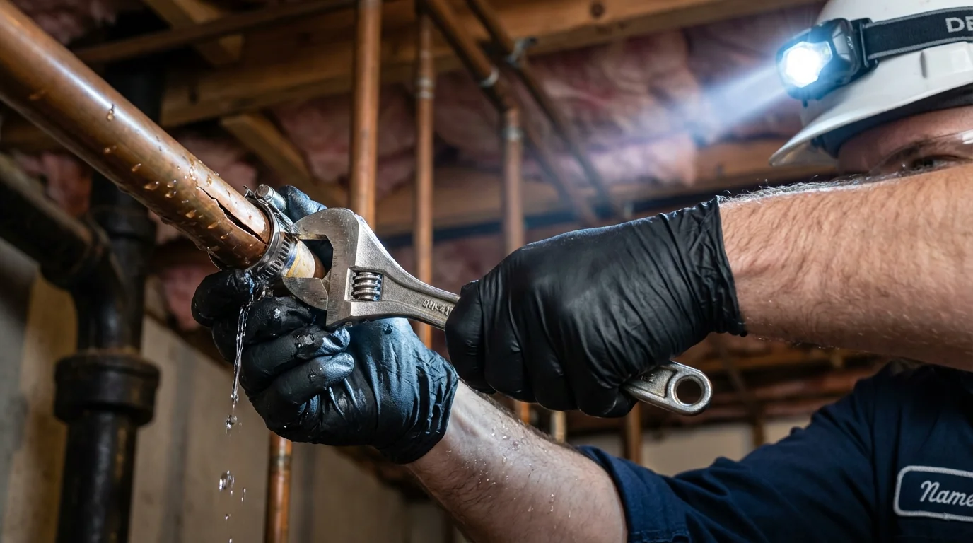 Emergency pipe clamp repair being performed by a Johns Plumbing LLC plumber in Bradner