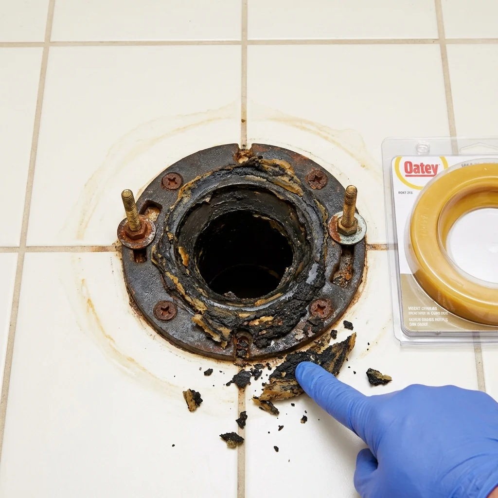 Failed wax ring showing water seepage at the base of a toilet in a Bradner, OH home