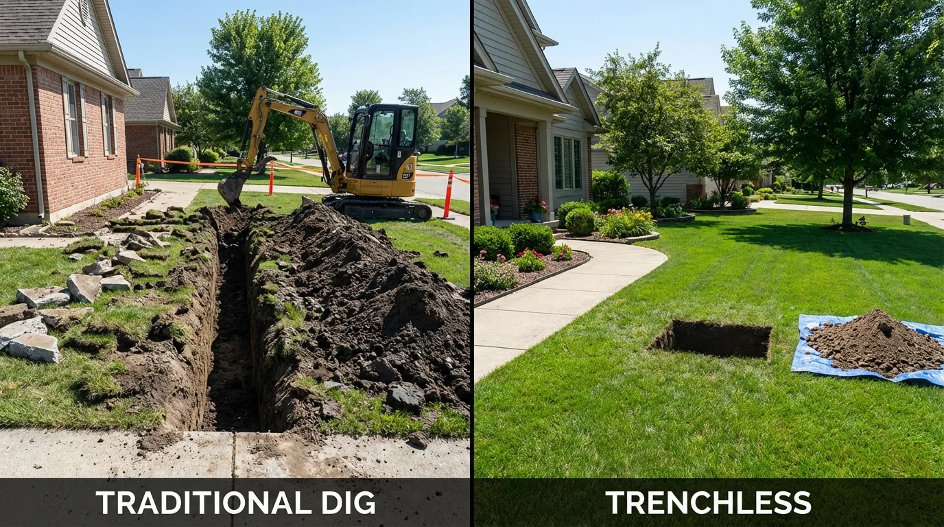 Trenchless sewer repair with minimal yard damage versus traditional excavation in Bradner, OH