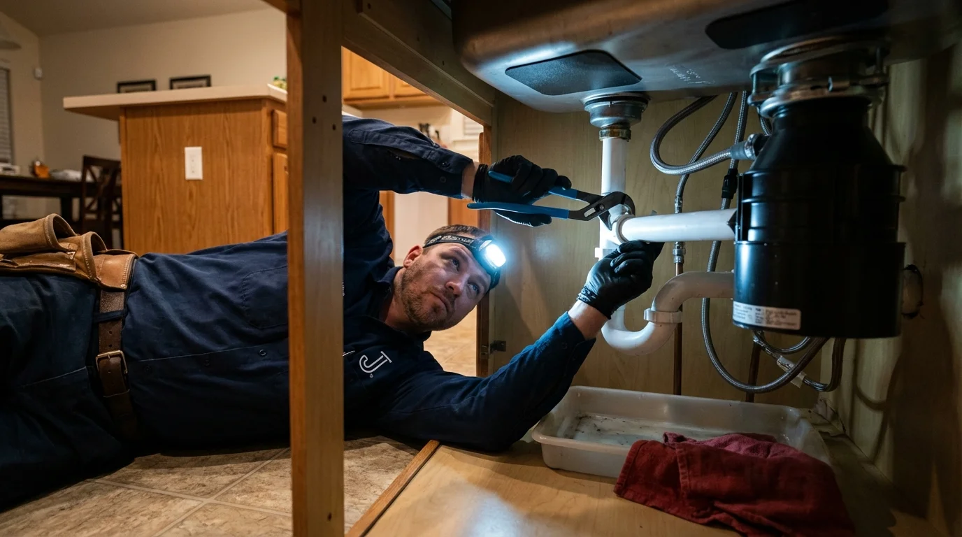 P-trap and supply line connections under a kitchen sink showing a common leak point in Bradner, OH